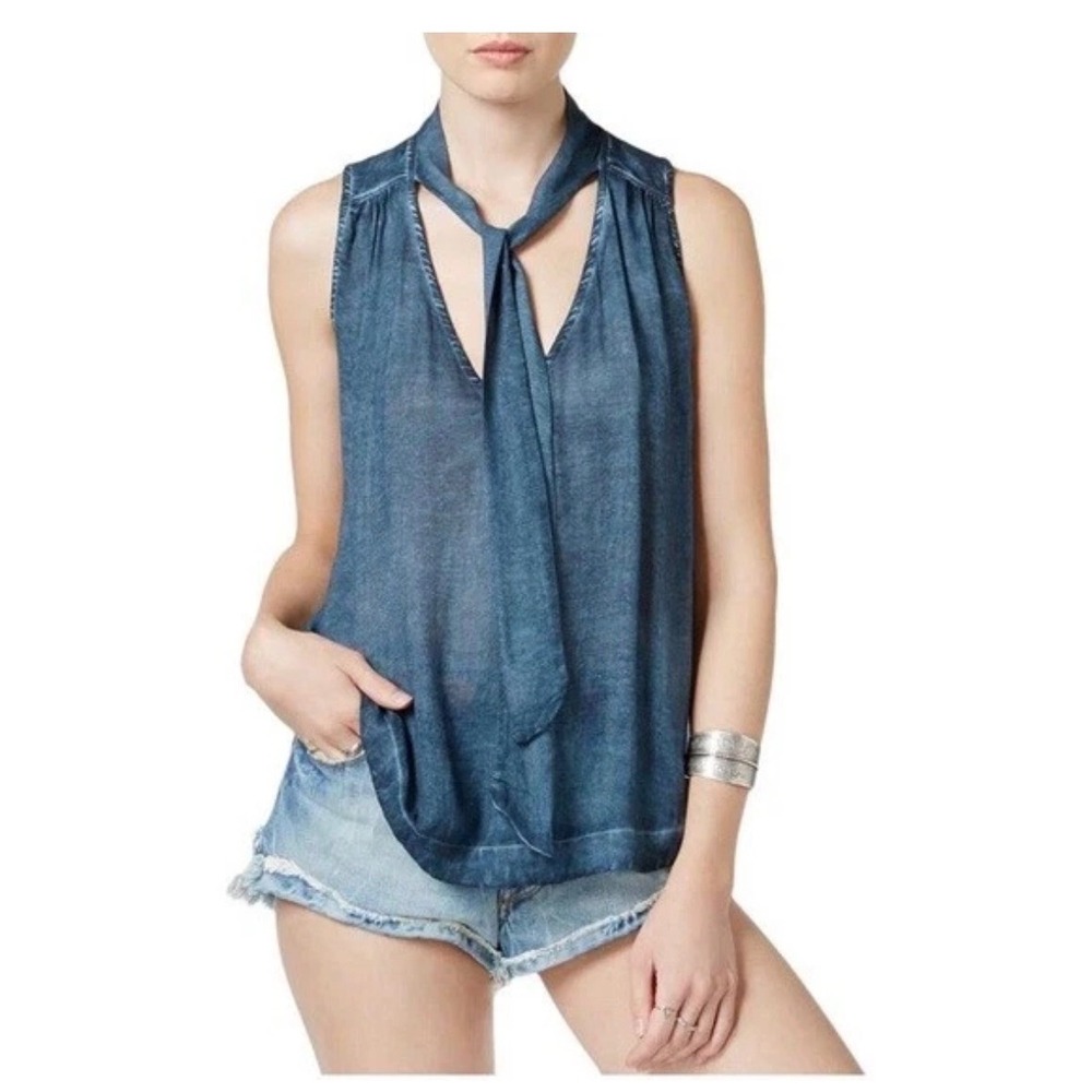 Free People Tie Neck Blouse S Sleeveless Boho Festival Washed Grunge Coquette